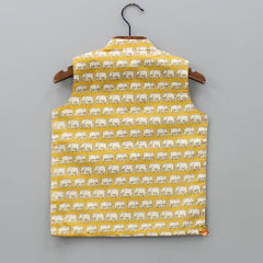 Pre Order: Pocket Detail Elephant Printed Mustard Ethnic Jacket