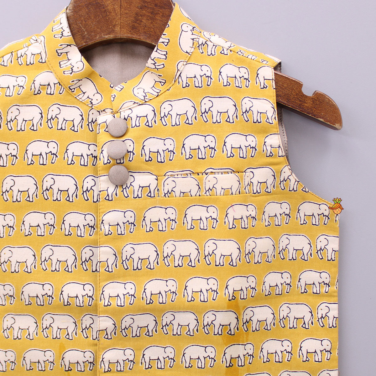 Pocket Detail Elephant Printed Mustard Ethnic Jacket