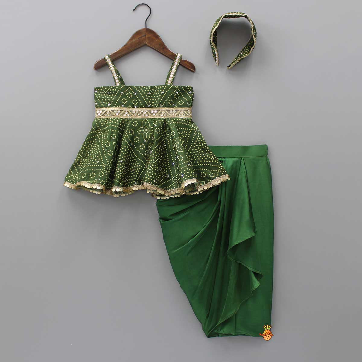 Faux Mirror Work Mehendi Green Top And Stylish Dhoti Skirt With Matching Hair Band