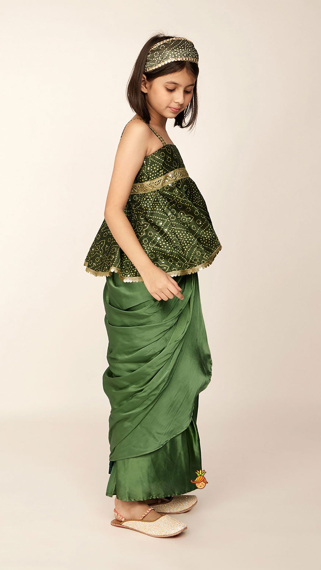 Faux Mirror Work Mehendi Green Top And Stylish Dhoti Skirt With Matching Hair Band