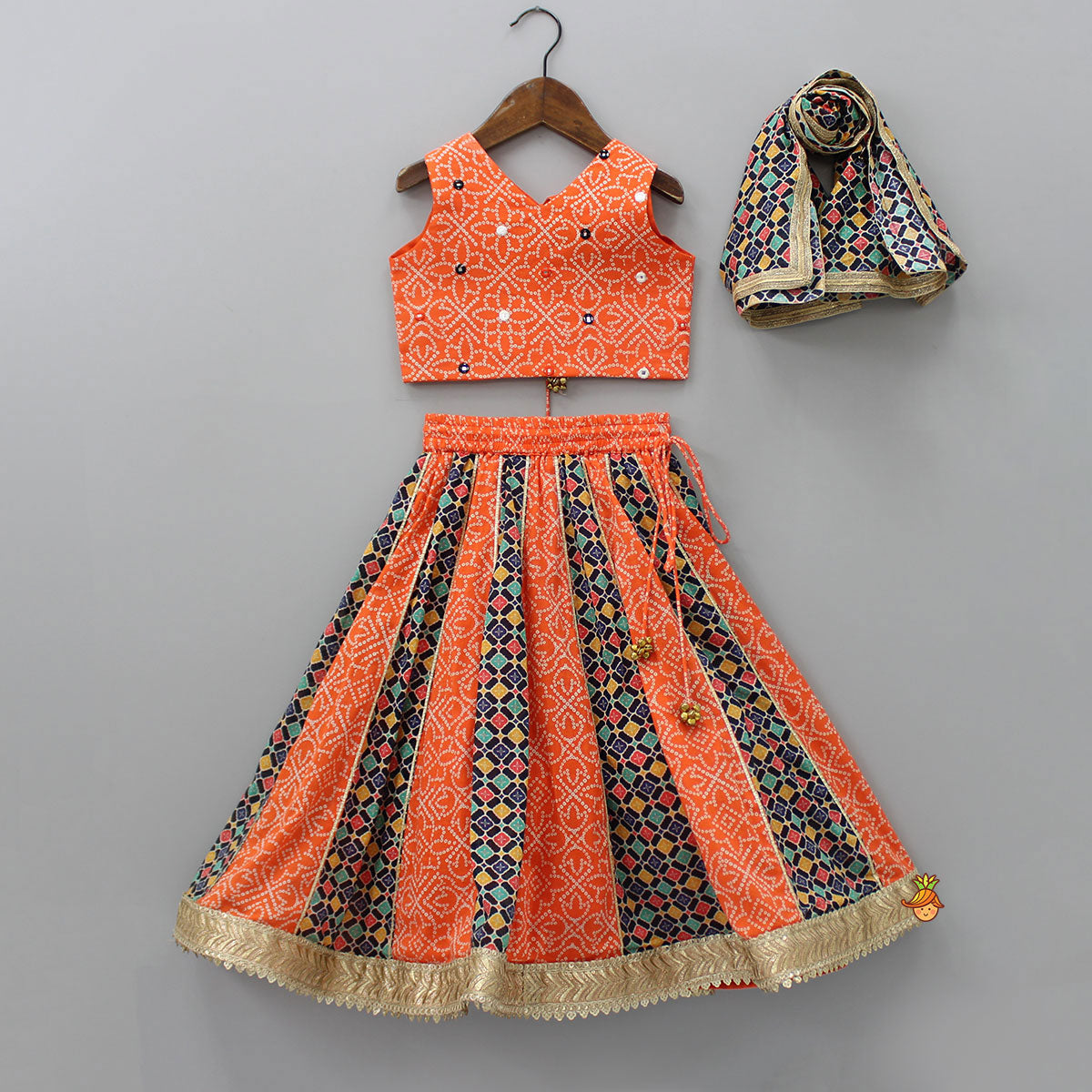 Pre Order: Bandhani Printed Cotton Top And Lace Detailed Lehenga With Dupatta