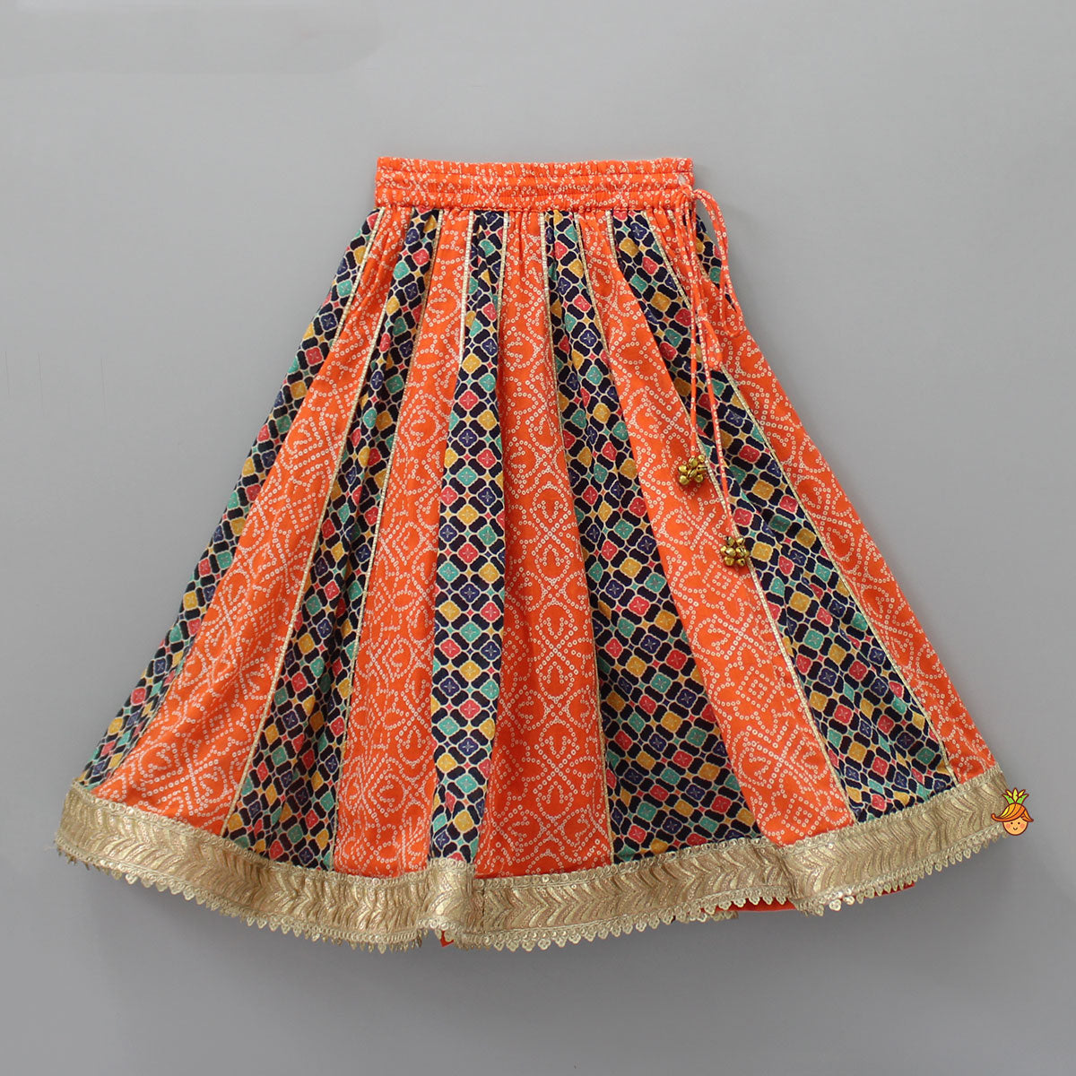 Bandhani Printed Cotton Top And Lace Detailed Lehenga With Dupatta