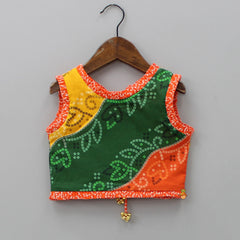 Pre Order: Bandhani Printed Multicoloured Cotton Top And Lehenga With Dupatta