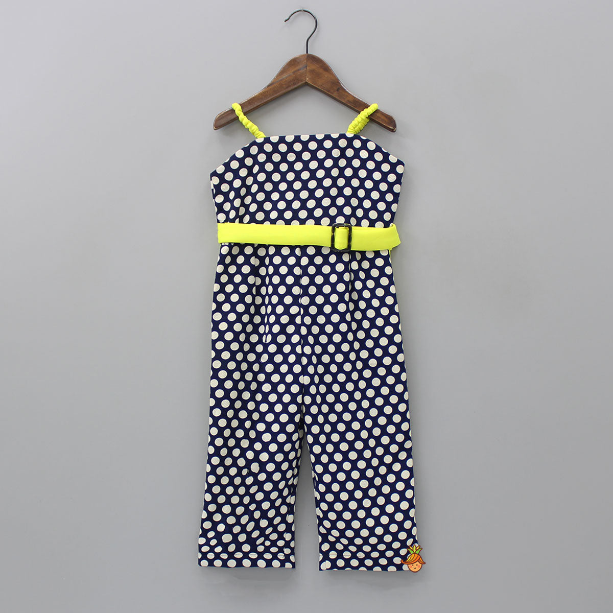 Pre Order: Elasticated Straps Polka Dotted Blue Jumpsuit With Contrasting Waist Belt