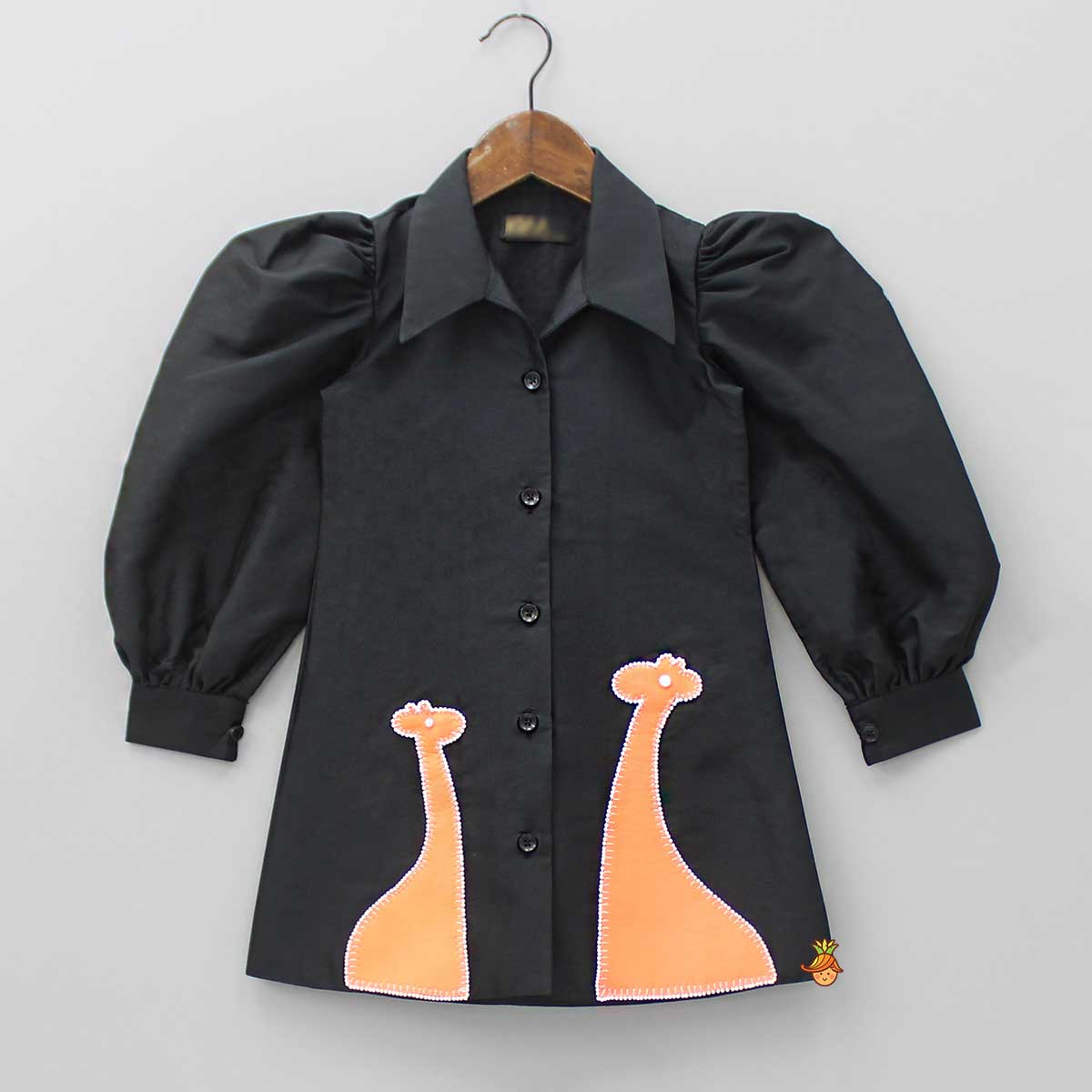 Giraffe Embroidered Black Collared Neck Dress