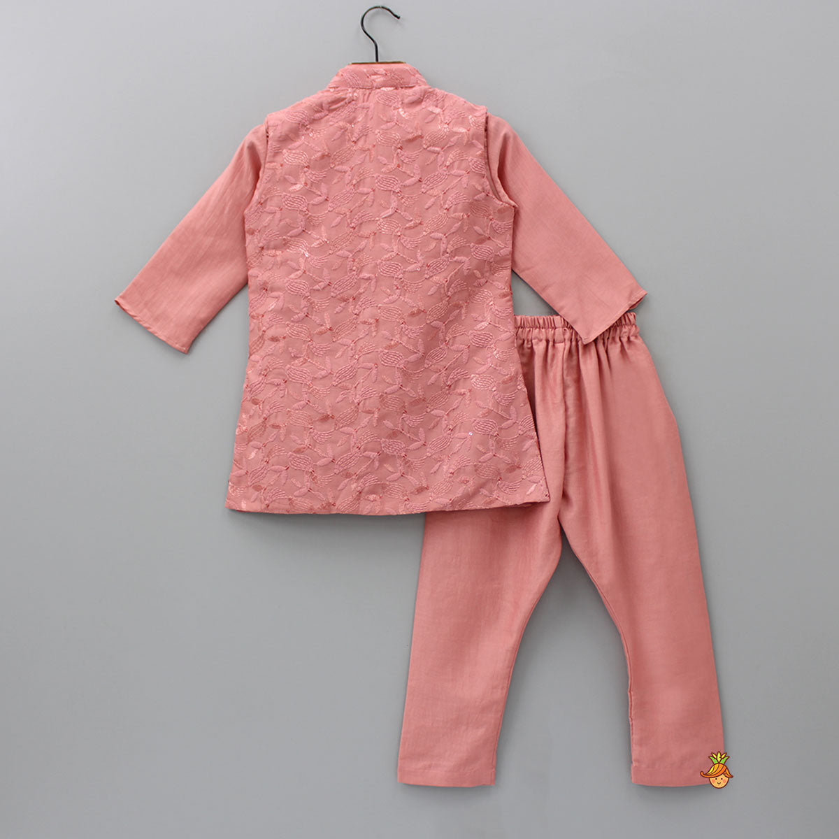 Mandarin Collar Peach Kurta With Leaves Embroidered Jacket And Pyjama