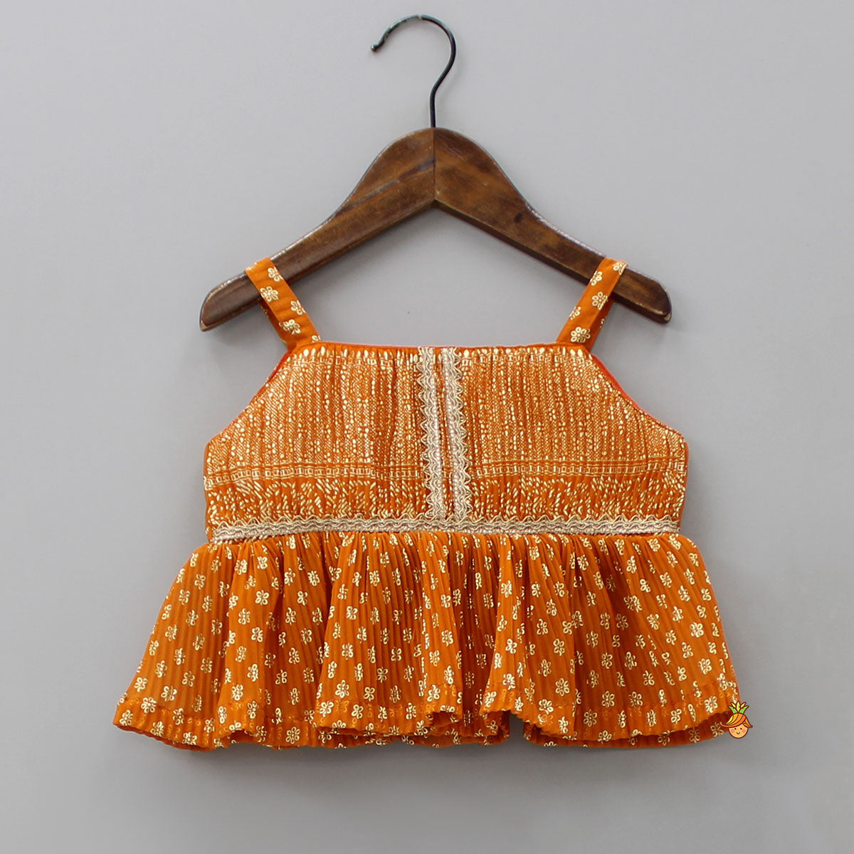 Rust Orange Pleated Georgette Top And Lehenga With Hair Clip