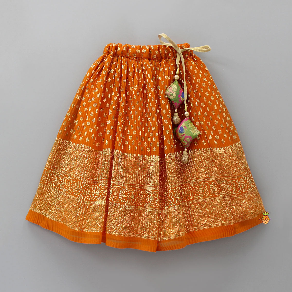 Rust Orange Pleated Georgette Top And Lehenga With Hair Clip