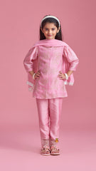 Pre Order: Elegant Rose Embroidered Pink Kurti With Pant And Dupatta