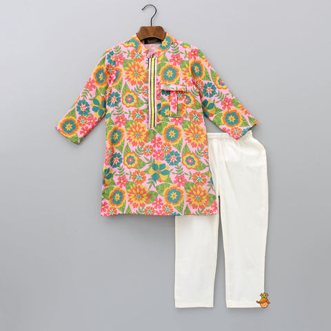 Pre Order: Multicolour Floral Printed Kurta With Off White Pyjama