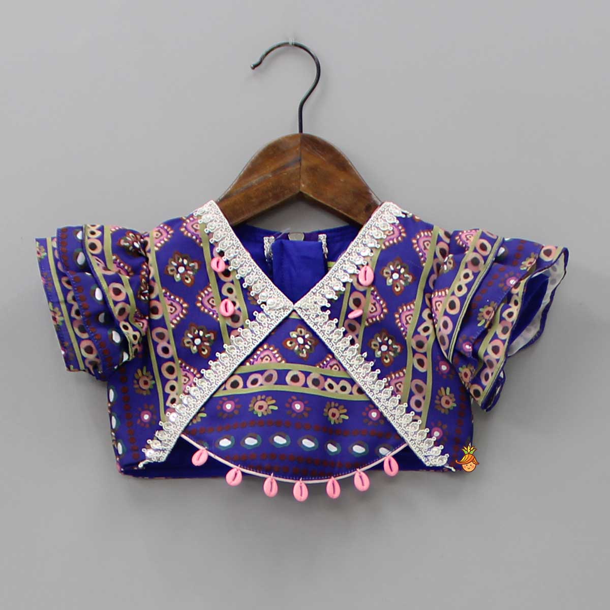 Layered Sleeves Blue Top And Fabric Flower Tassels Enhanced Lehenga With Purple Net Dupatta