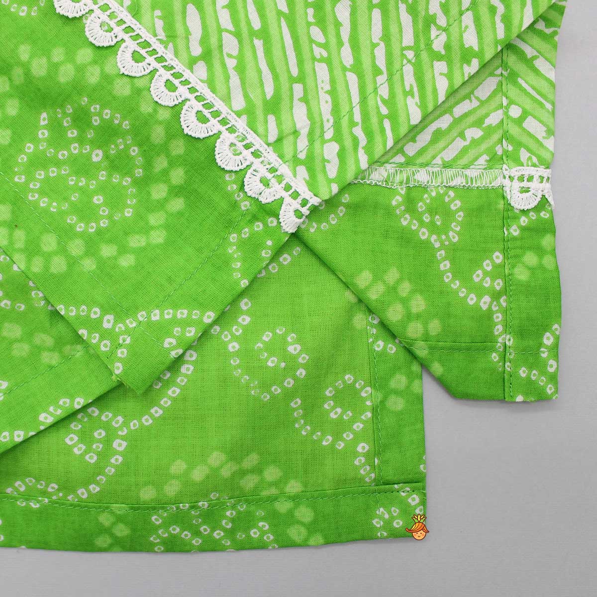 Bandhani And Leheriya Printed Green Kurti And Palazzo With Net Dupatta