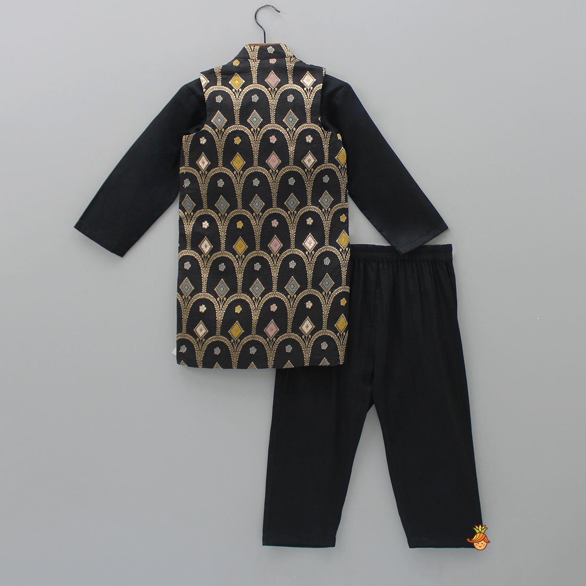 Silk Black Ethnic Kurta With Patch Pocket Embroidered Jacket And Pyjama