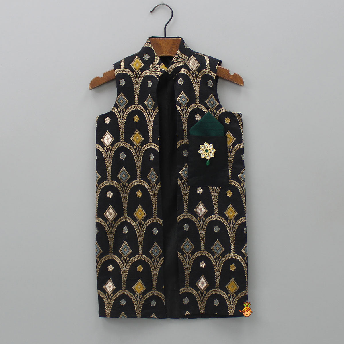 Silk Black Ethnic Kurta With Patch Pocket Embroidered Jacket And Pyjama