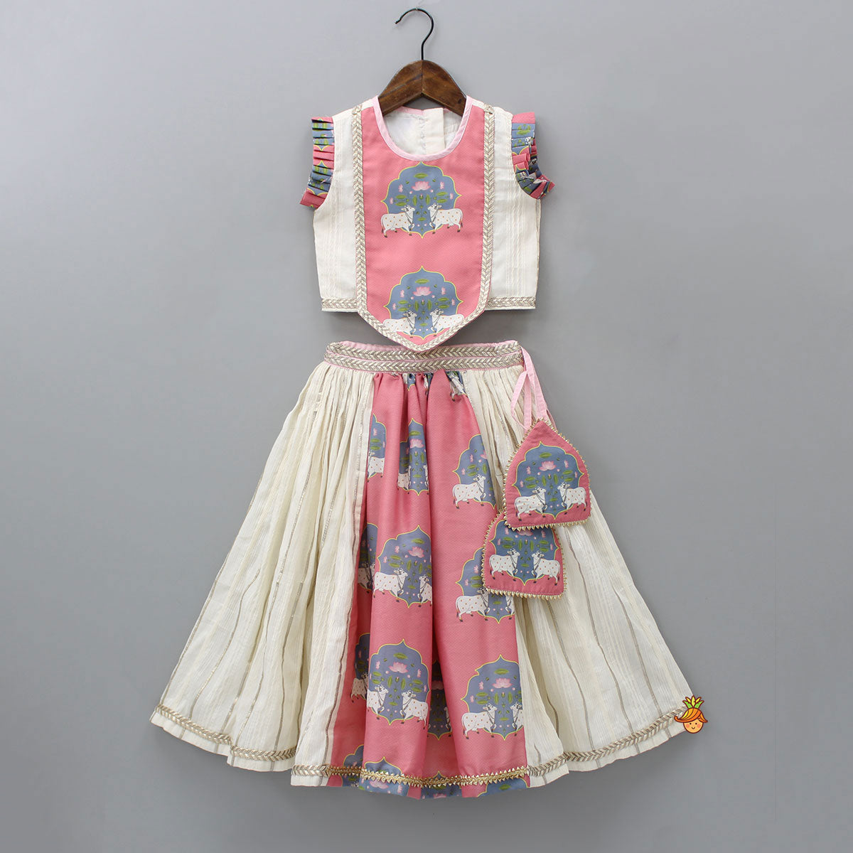 Off White Cow Printed Top And Lehenga With Net Dupatta And Mukut