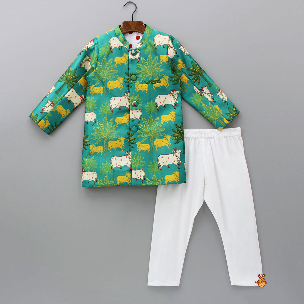 Cows And Tress Printed Green Sherwani With Pyjama