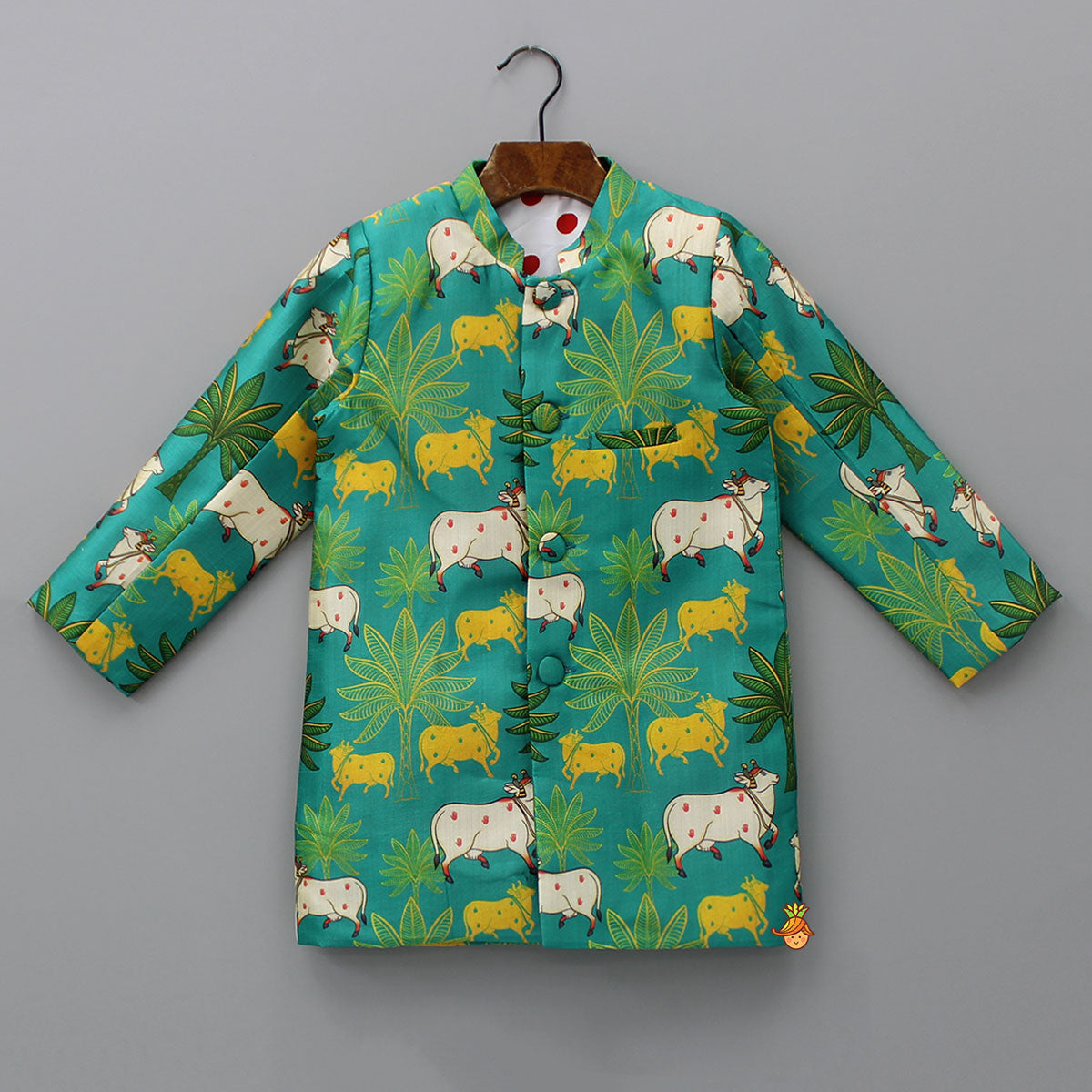 Cows And Tress Printed Green Sherwani With Pyjama