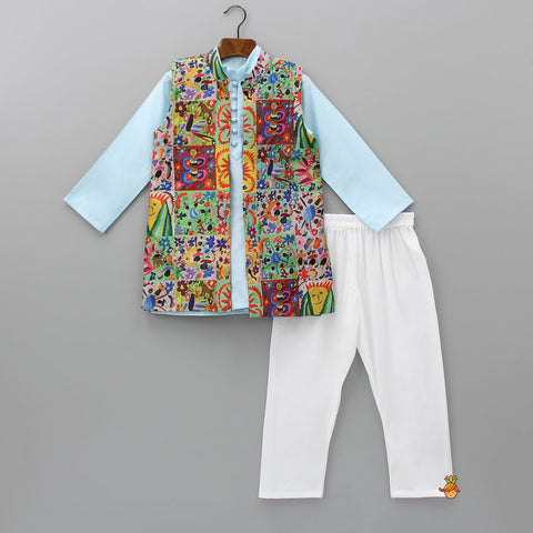 Pre Order: Blue Kurta With Muticoloured Printed Jacket And Pyjama