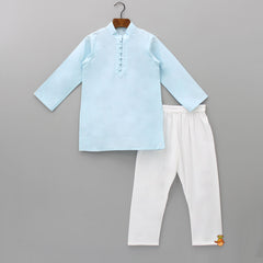 Pre Order: Blue Kurta With Muticoloured Printed Jacket And Pyjama