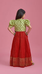 Pre Order: Ethnic Pleated Georgette Red Dress With Puffed Sleeves Jacket