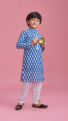 Pre Order: Hand Block Printed Motifs Blue Kurta With White Pyjama
