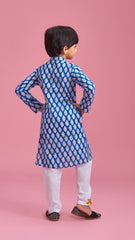 Pre Order: Hand Block Printed Motifs Blue Kurta With White Pyjama