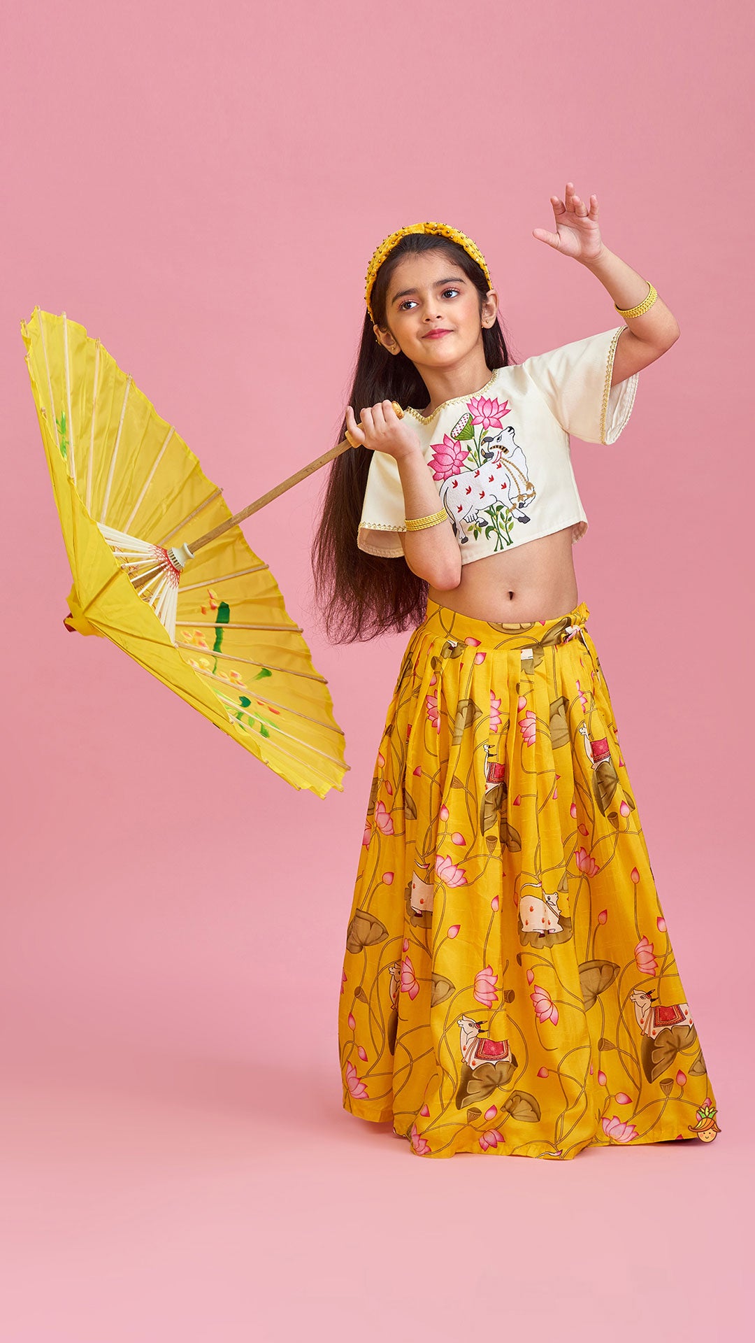 Off White Cow Embroidered Top With Pleated Yellow Lehenga