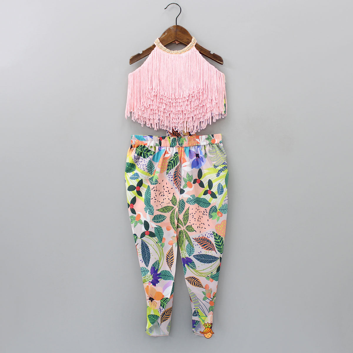 Pre Order: Halter Neck Open Back Peach Top And Printed Multicolour Dhoti Style Tulip Pant