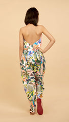Pre Order: Halter Neck Open Back Peach Top And Printed Multicolour Dhoti Style Tulip Pant