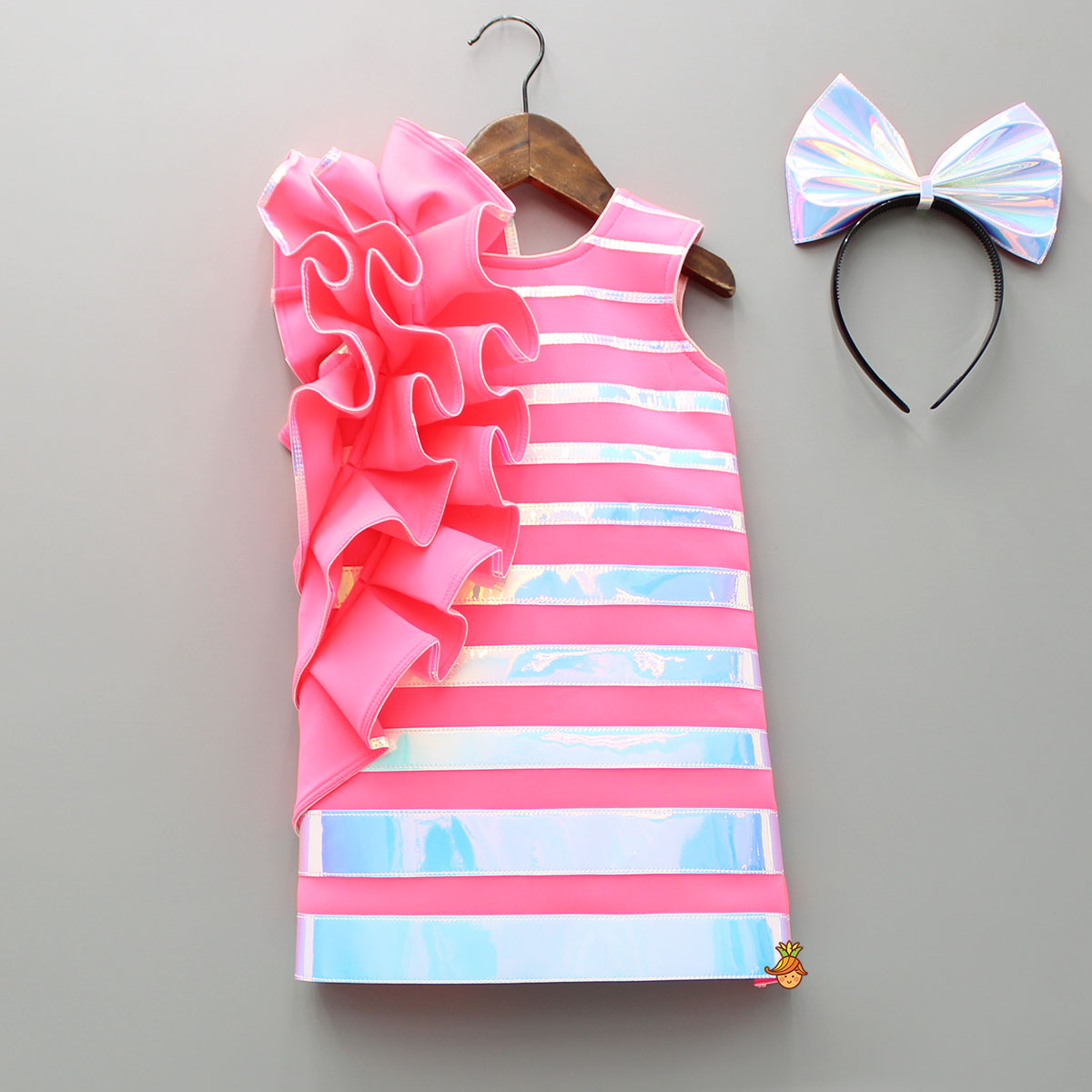 Pink Holographic Ruffle Dress With Bow Hair Band