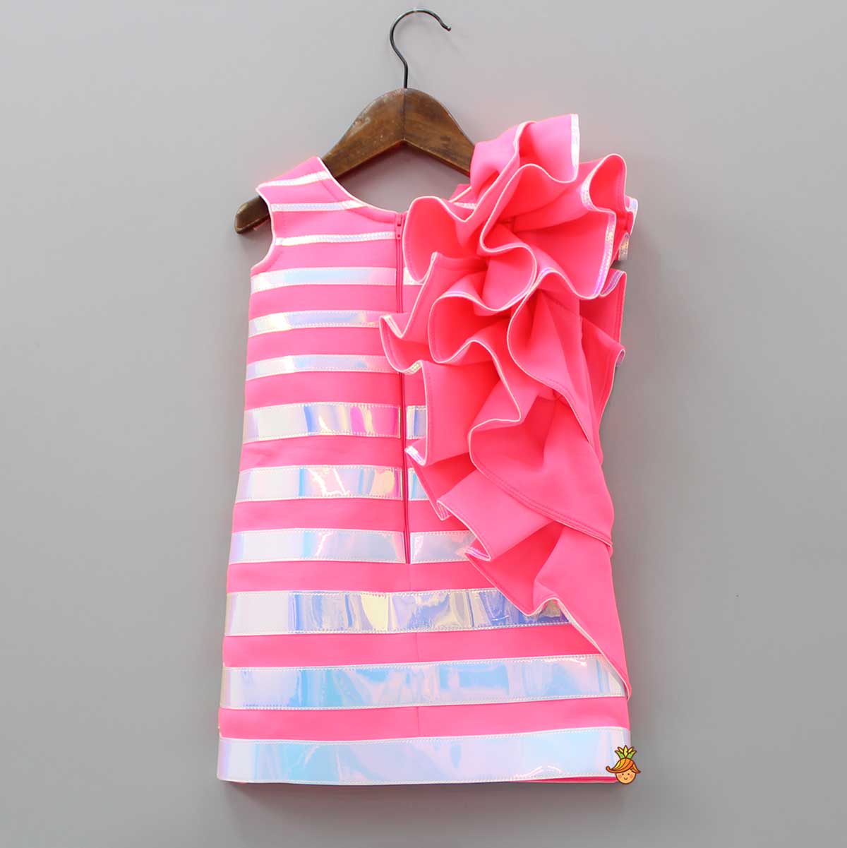Pink Holographic Ruffle Dress With Bow Hair Band