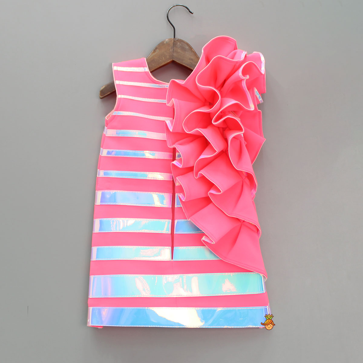 Pink Holographic Ruffle Dress With Bow Hair Band