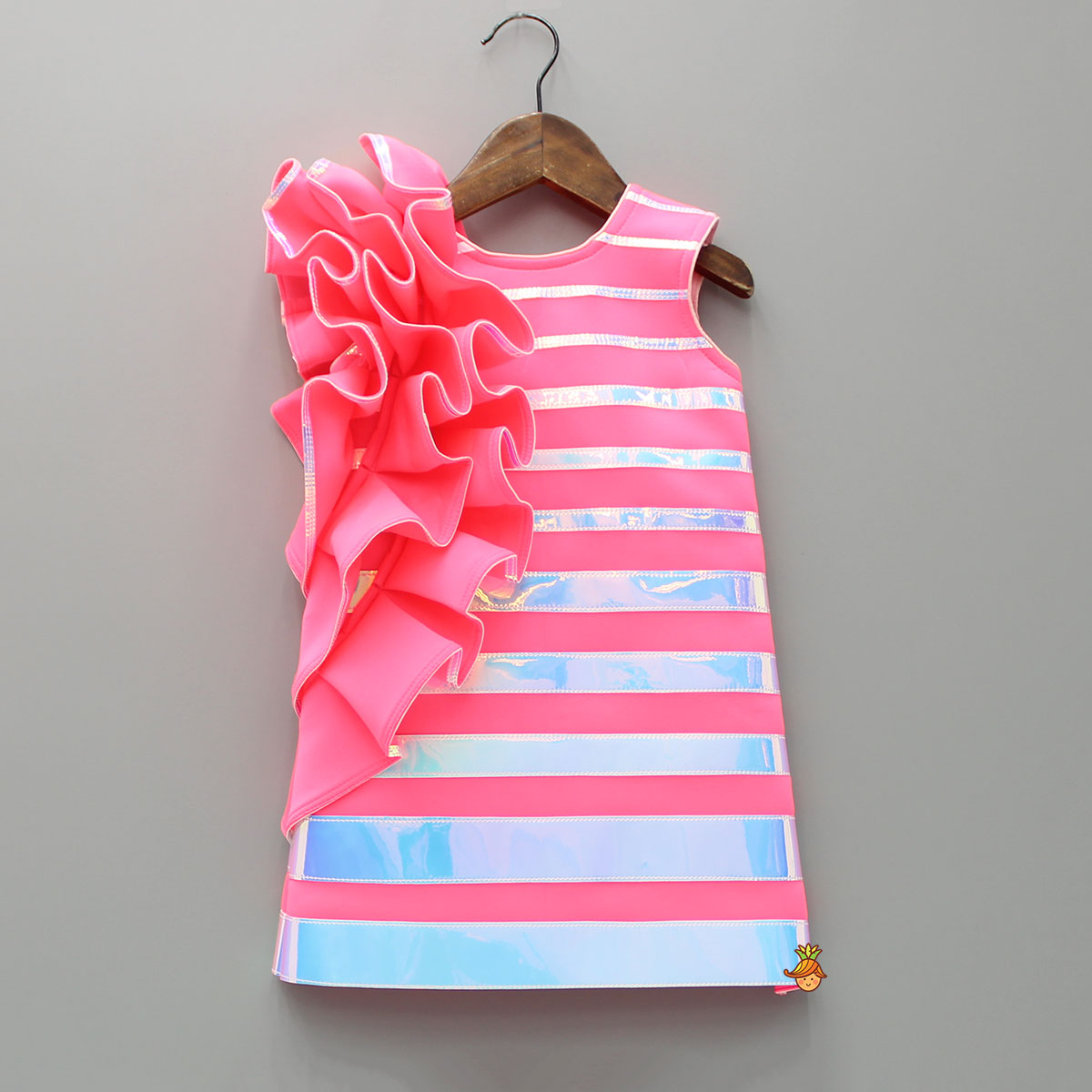 Pink Holographic Ruffle Dress With Bow Hair Band