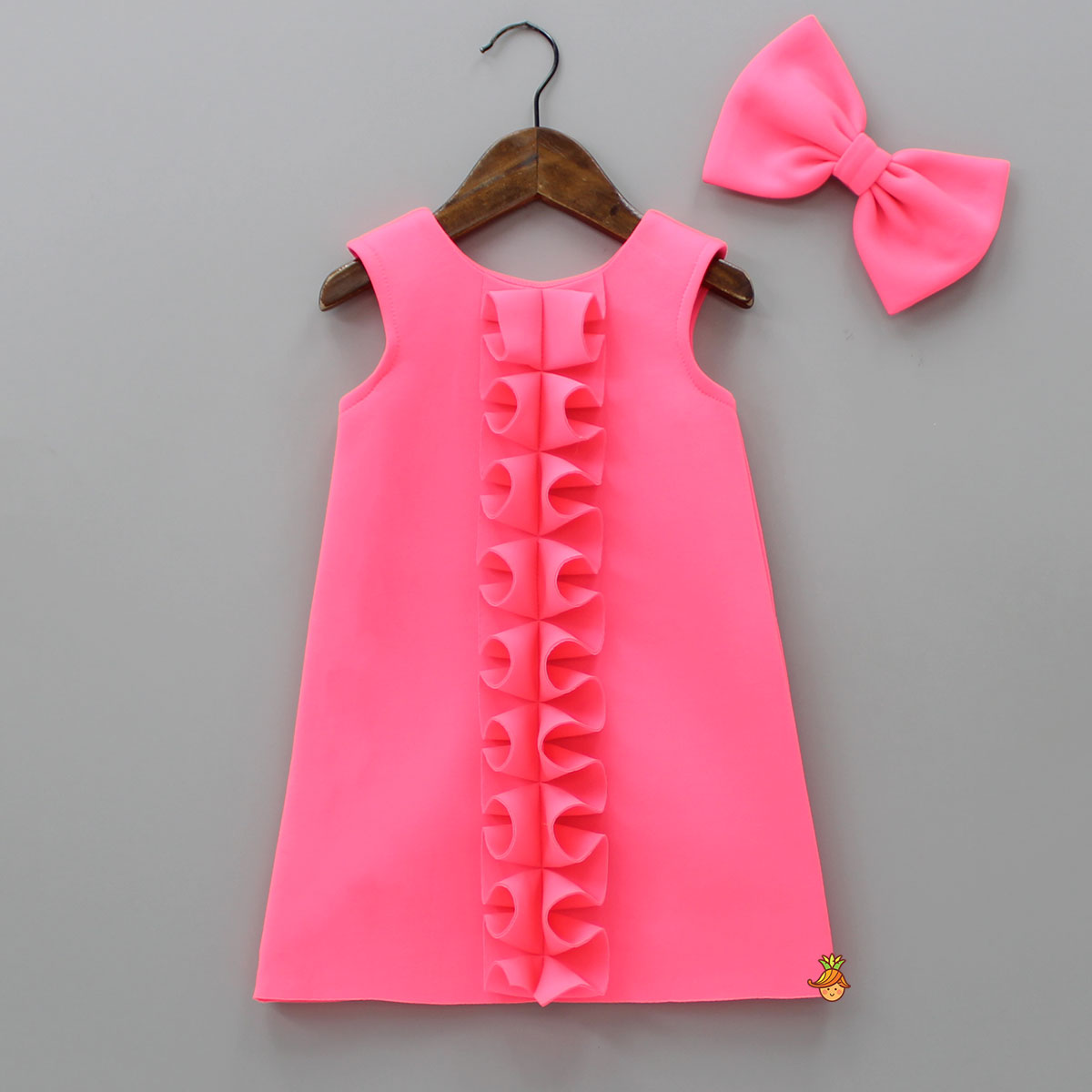 Pre Order: Pleated Ruffled Design Pink Scuba Dress With Matching Bowie Hair Clip