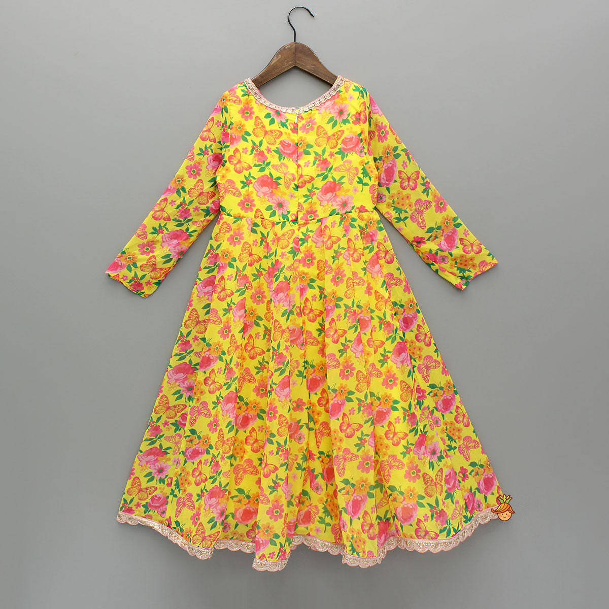 Yellow Floral Printed Flared Long Kurti