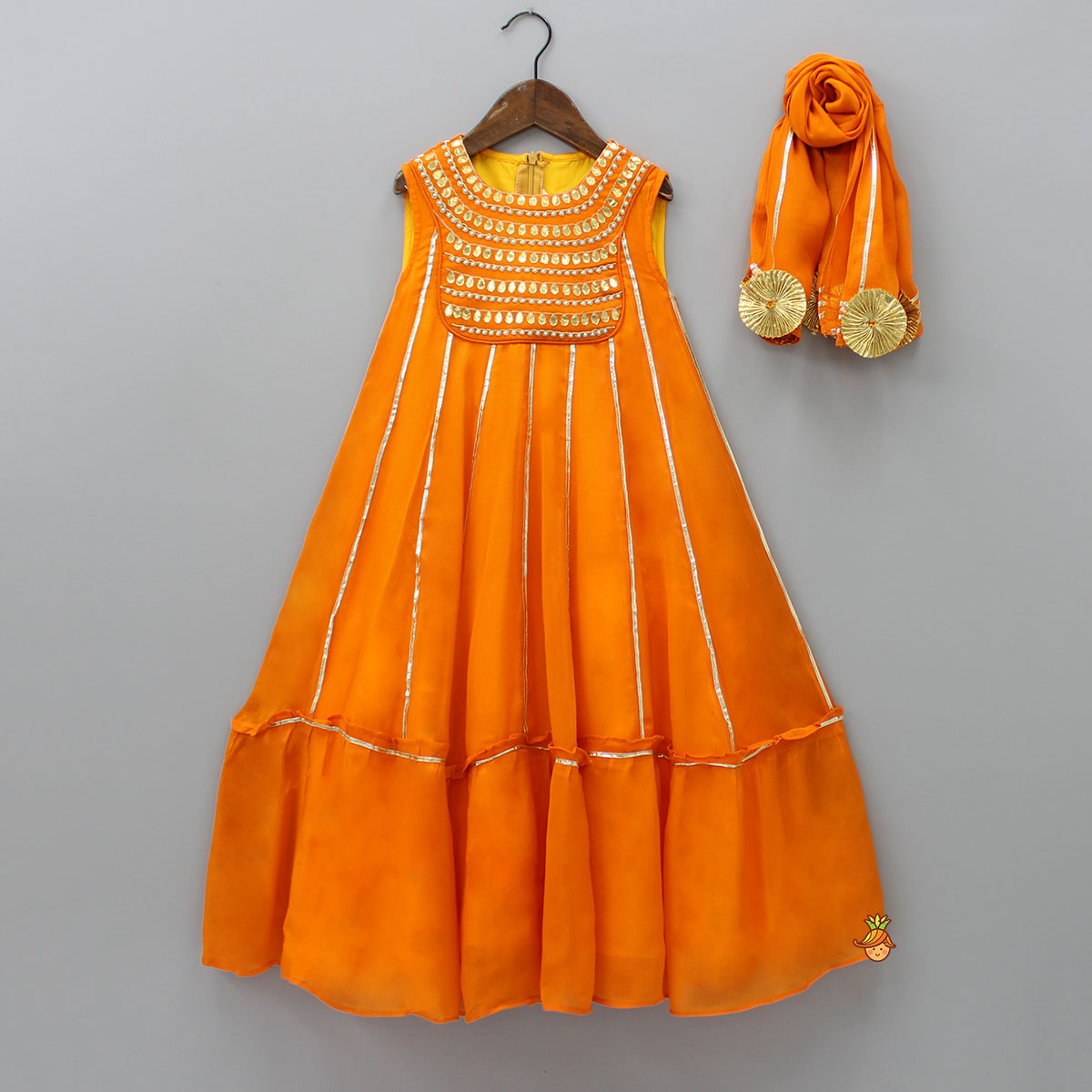 Pre Order: Elegant Shiny Orange Flared Anarkali With Matching Dupatta