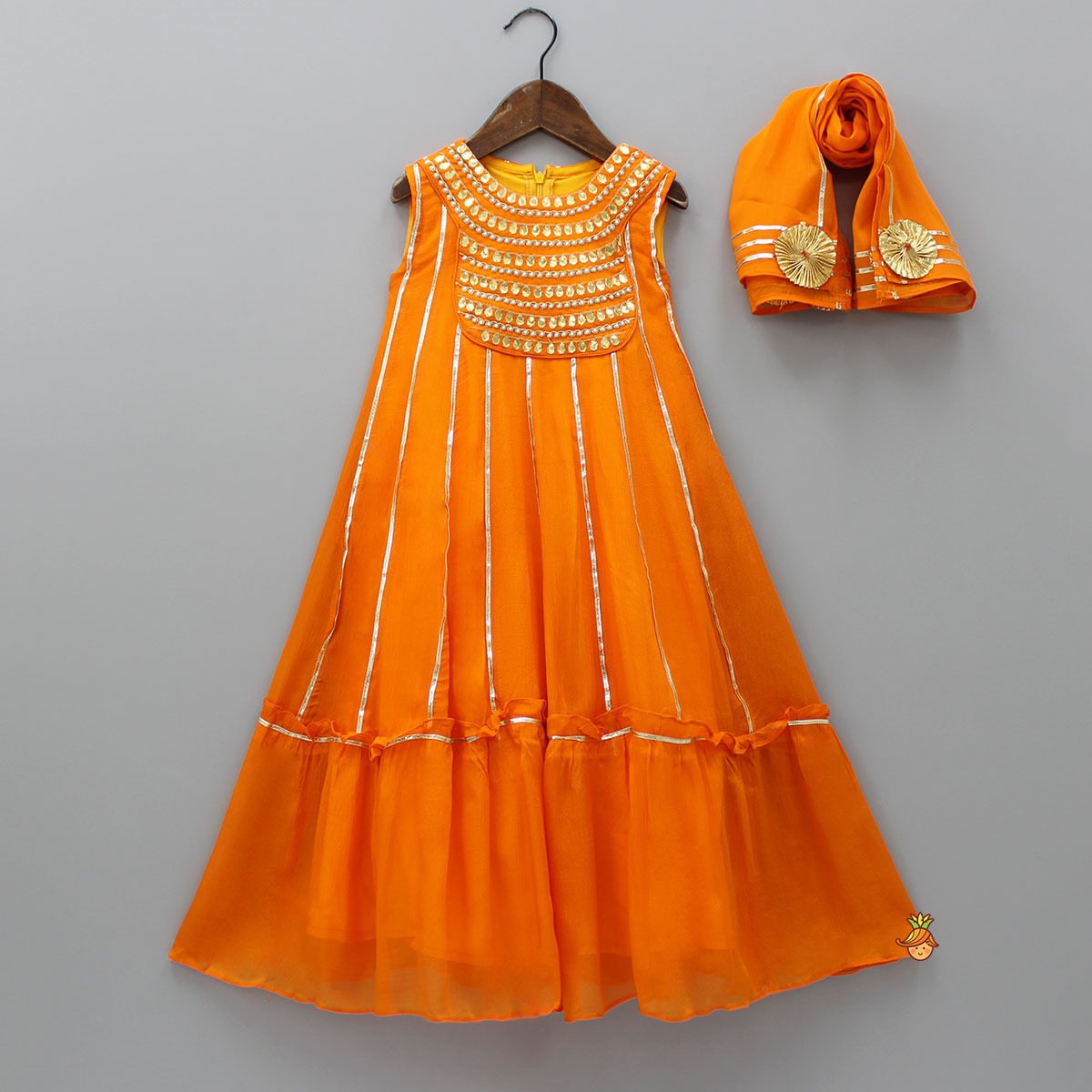 Elegant Shiny Orange Flared Anarkali With Matching Dupatta
