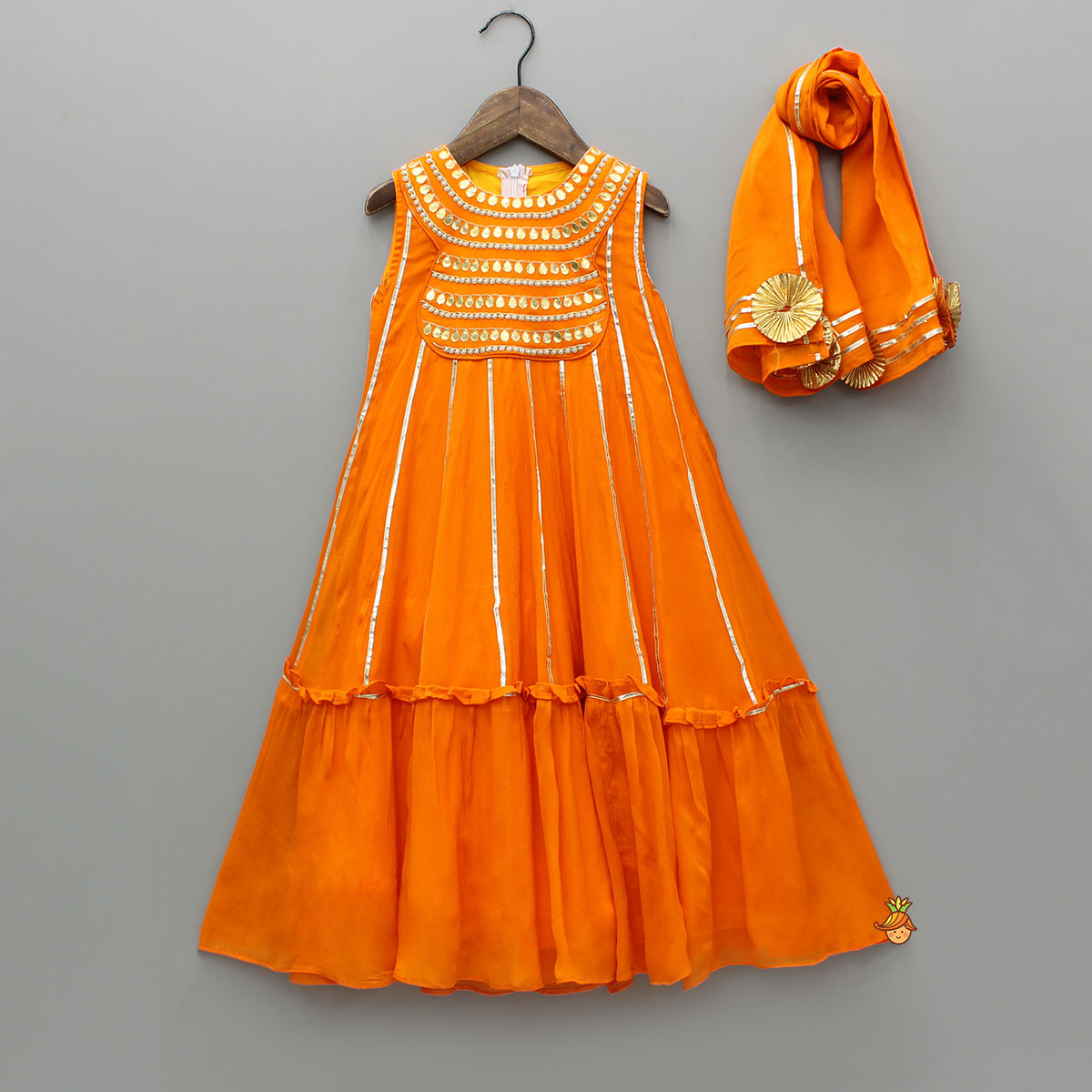 Elegant Shiny Orange Flared Anarkali With Matching Dupatta