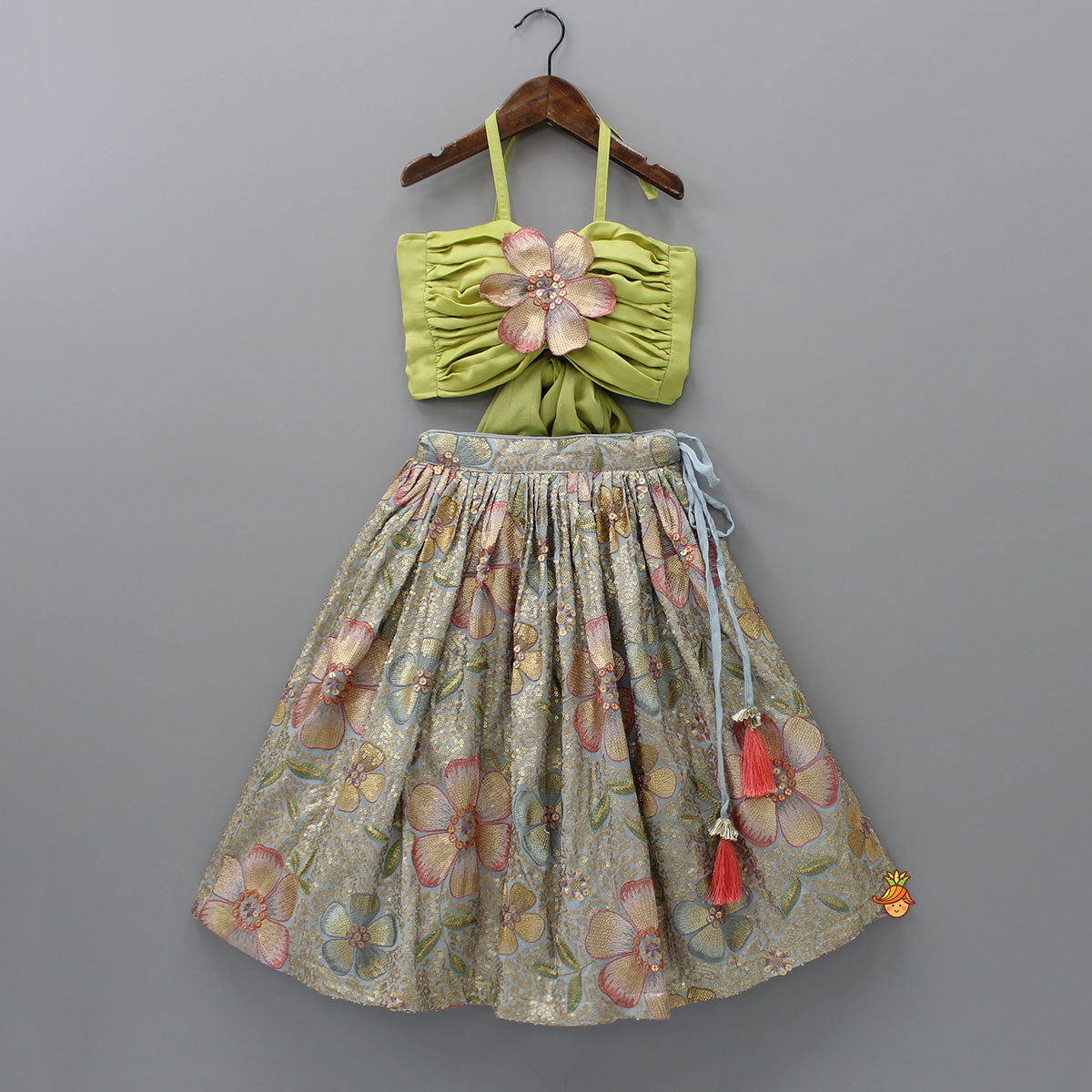 Back Knot Detail Stylish Green Floral Top And Heavy Sequins Embroidered Lehenga With Bow Hair Clip