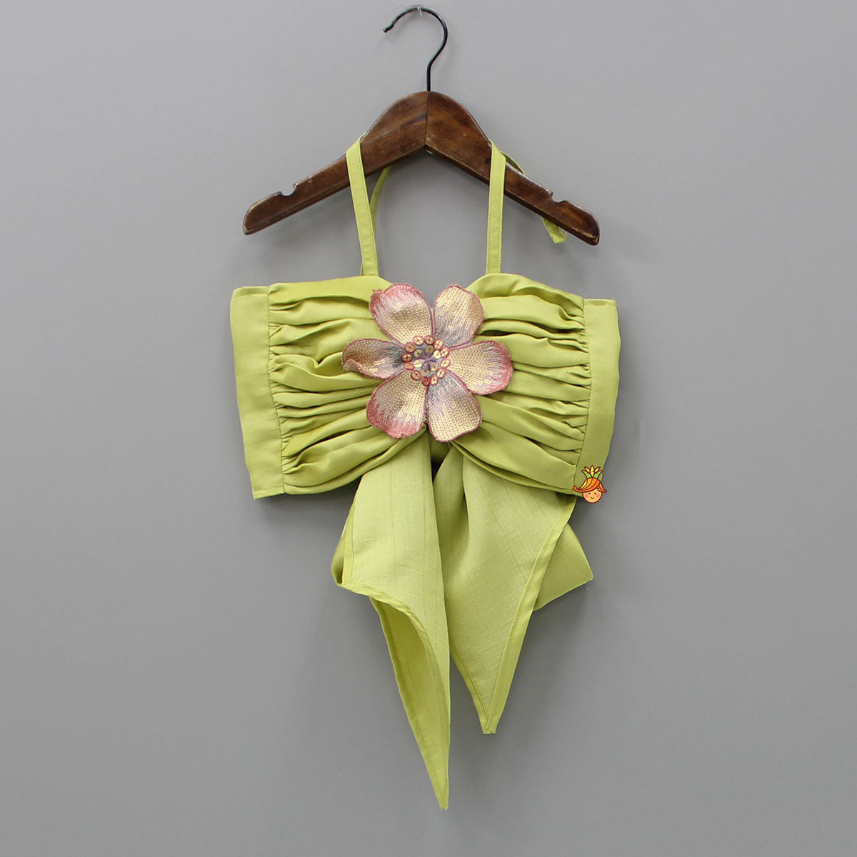 Back Knot Detail Stylish Green Floral Top And Heavy Sequins Embroidered Lehenga With Bow Hair Clip