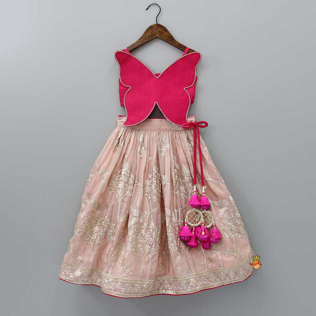 Pre Order: Pink Butterfly Top And Floral Embroidered Lehenga