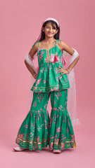 Pre Order: Green Top And Sharara With Pink Floral Prints And Net Dupatta
