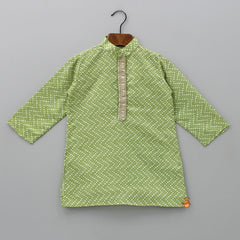 Lace Detailed Printed Green Kurta And Open Jacket With Dhoti