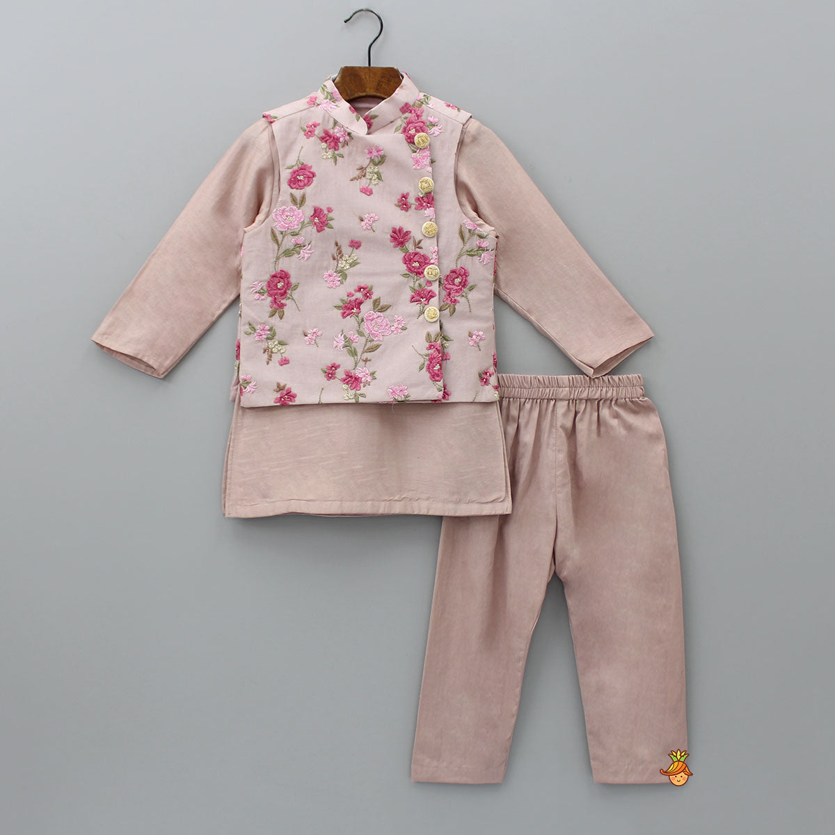 Pre Order: Ethnic Kurta With Pink Floral Embroidered Jacket And Pyjama