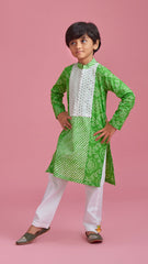 Pre Order: Leheriya And Bandhani Printed Green Kurta With White Pyjama