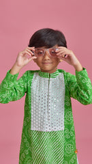 Pre Order: Leheriya And Bandhani Printed Green Kurta With White Pyjama