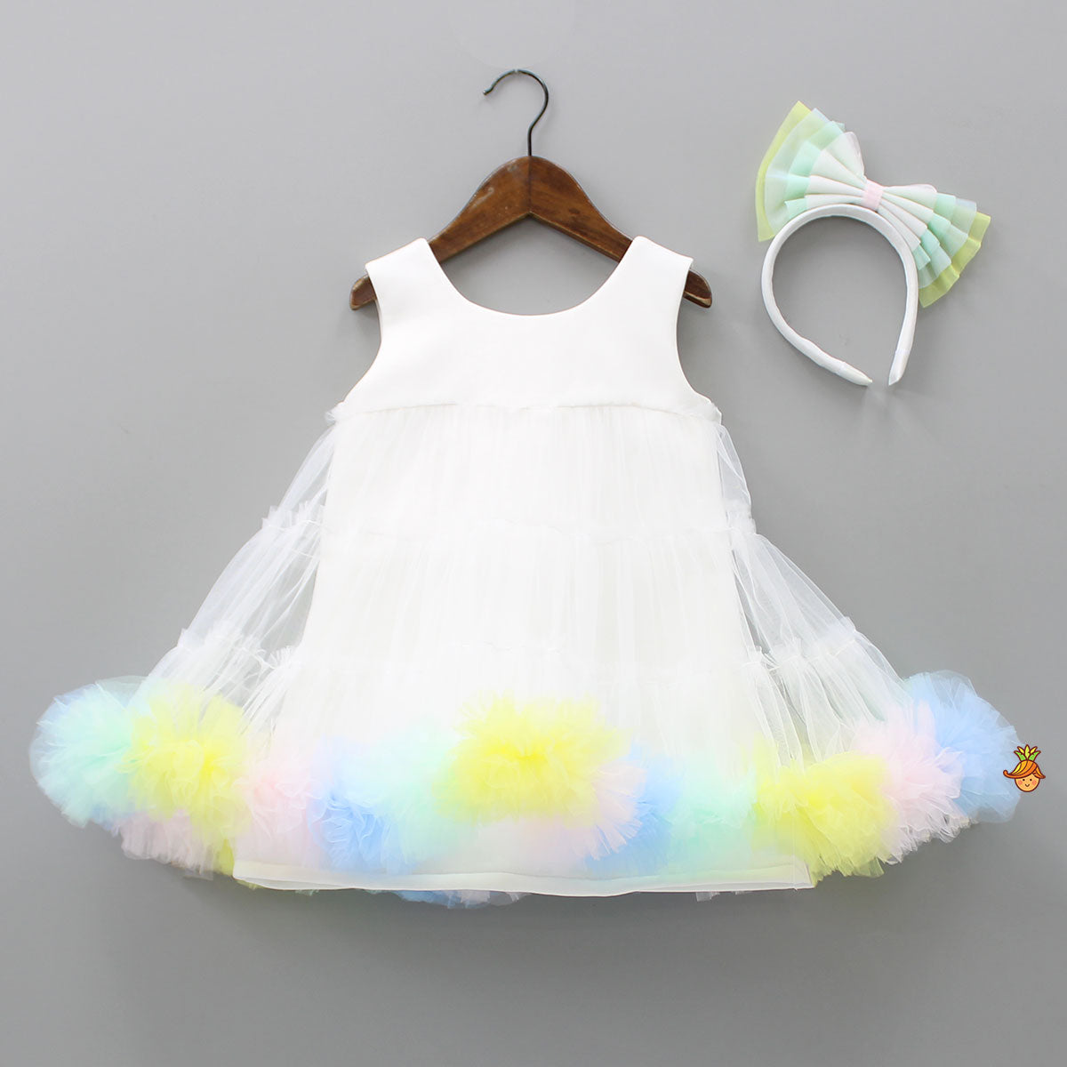 White Dress With Multicolour Ruffled Hem And Matching Bowie Hair Band
