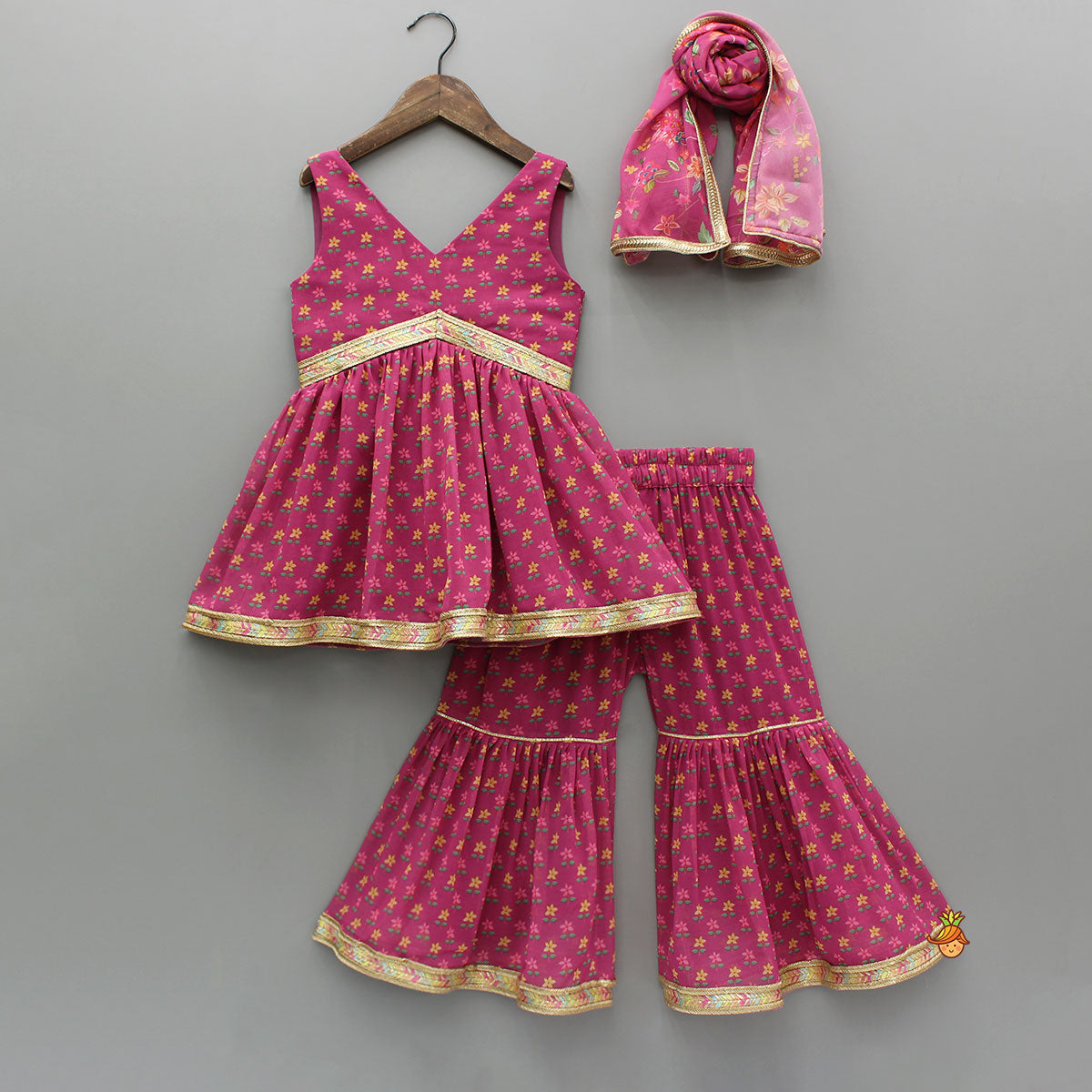 Floral Printed Lace Detailed Kurti And Sharara With Matching Dupatta