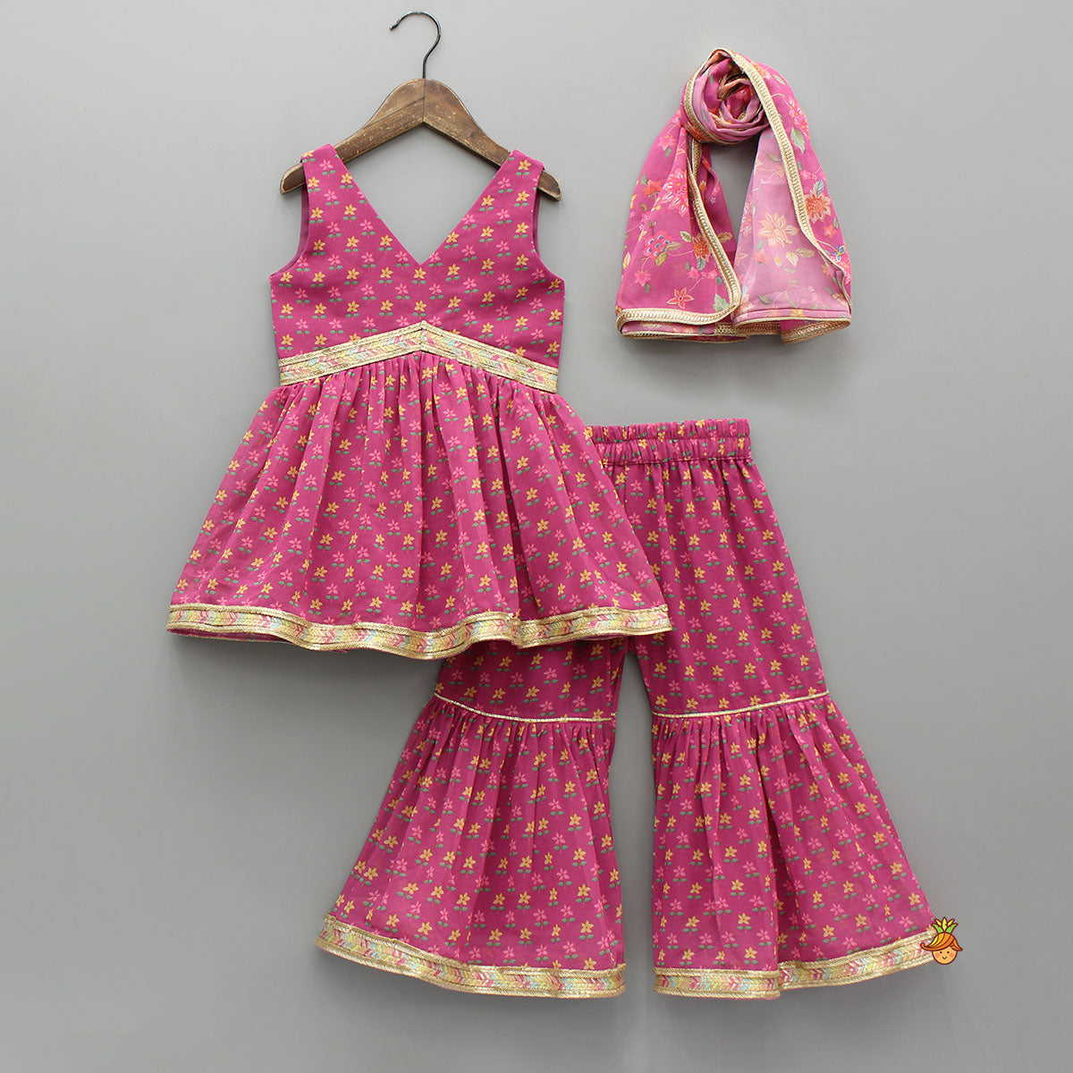 Floral Printed Lace Detailed Kurti And Sharara With Matching Dupatta
