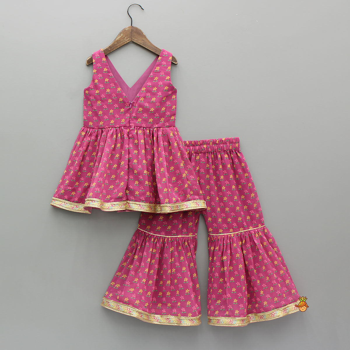 Floral Printed Lace Detailed Kurti And Sharara With Matching Dupatta